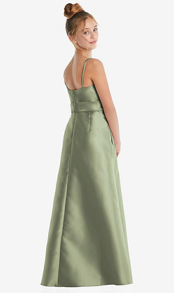 Back View - Sage Spaghetti Strap Satin Junior Bridesmaid Dress with Mini Sash