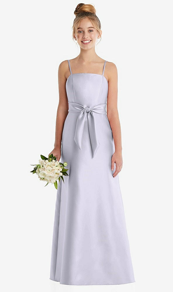 Front View - Silver Dove Spaghetti Strap Satin Junior Bridesmaid Dress with Mini Sash