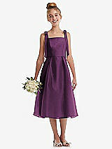 Front View Thumbnail - Aubergine Tie Shoulder Pleated Full Skirt Junior Bridesmaid Dress