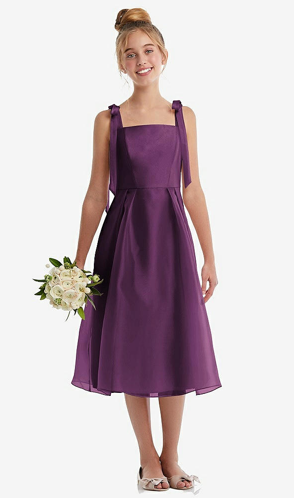 Front View - Aubergine Tie Shoulder Pleated Full Skirt Junior Bridesmaid Dress