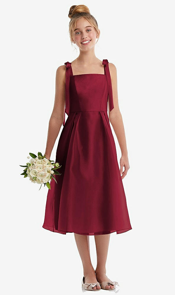 Front View - Burgundy Tie Shoulder Pleated Full Skirt Junior Bridesmaid Dress