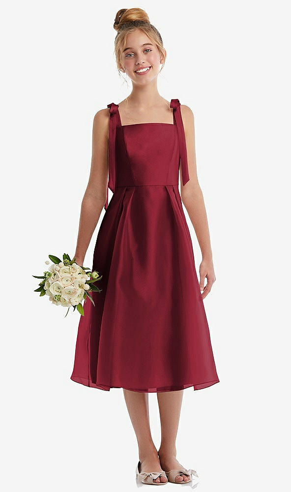 Front View - Claret Tie Shoulder Pleated Full Skirt Junior Bridesmaid Dress