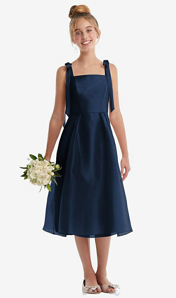 Front View - Midnight Navy Tie Shoulder Pleated Full Skirt Junior Bridesmaid Dress