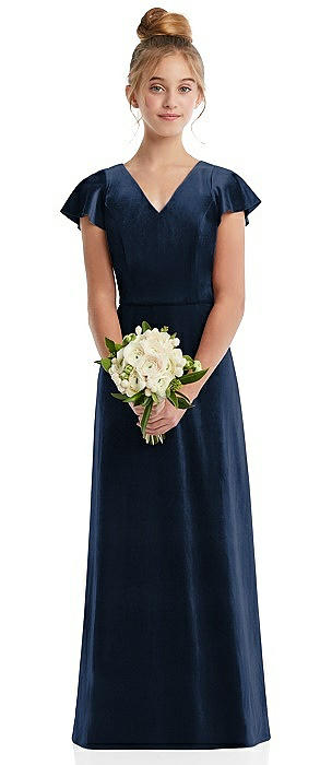 Flutter Sleeve Tie Back Velvet Junior Bridesmaid Dress