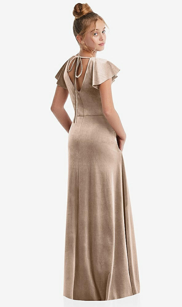 Back View - Topaz Flutter Sleeve Tie Back Velvet Junior Bridesmaid Dress