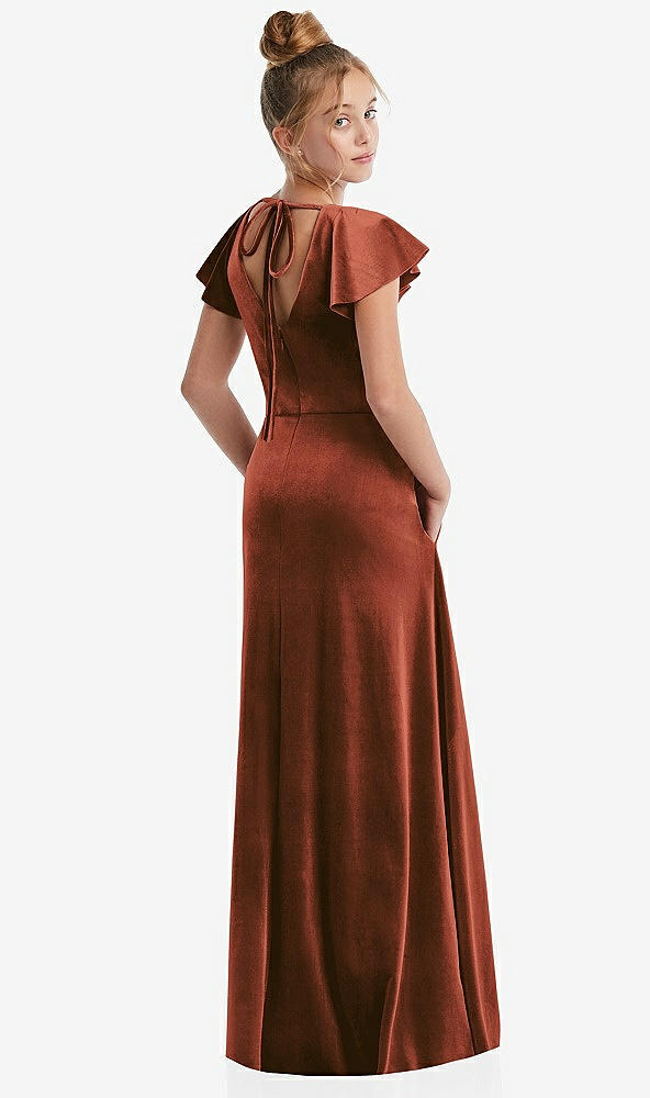 Back View - Auburn Moon Flutter Sleeve Tie Back Velvet Junior Bridesmaid Dress