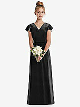 Front View Thumbnail - Black Flutter Sleeve Tie Back Velvet Junior Bridesmaid Dress