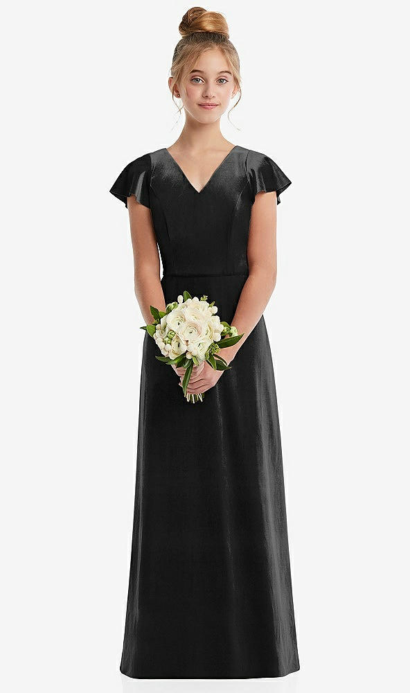 Front View - Black Flutter Sleeve Tie Back Velvet Junior Bridesmaid Dress