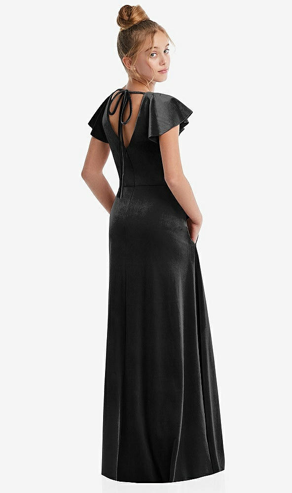 Back View - Black Flutter Sleeve Tie Back Velvet Junior Bridesmaid Dress