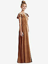 Side View Thumbnail - Golden Almond Flutter Sleeve Tie Back Velvet Junior Bridesmaid Dress