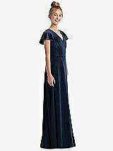 Side View Thumbnail - Midnight Navy Flutter Sleeve Tie Back Velvet Junior Bridesmaid Dress