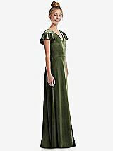 Side View Thumbnail - Olive Green Flutter Sleeve Tie Back Velvet Junior Bridesmaid Dress