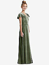 Side View Thumbnail - Sage Flutter Sleeve Tie Back Velvet Junior Bridesmaid Dress