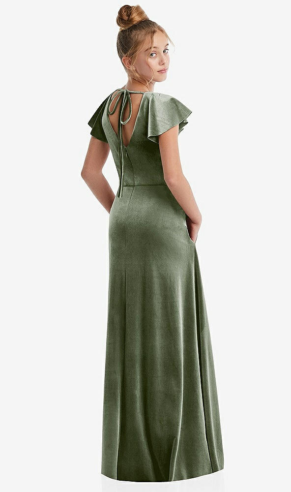 Back View - Sage Flutter Sleeve Tie Back Velvet Junior Bridesmaid Dress