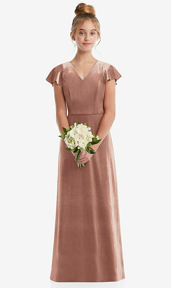 Front View - Tawny Rose Flutter Sleeve Tie Back Velvet Junior Bridesmaid Dress