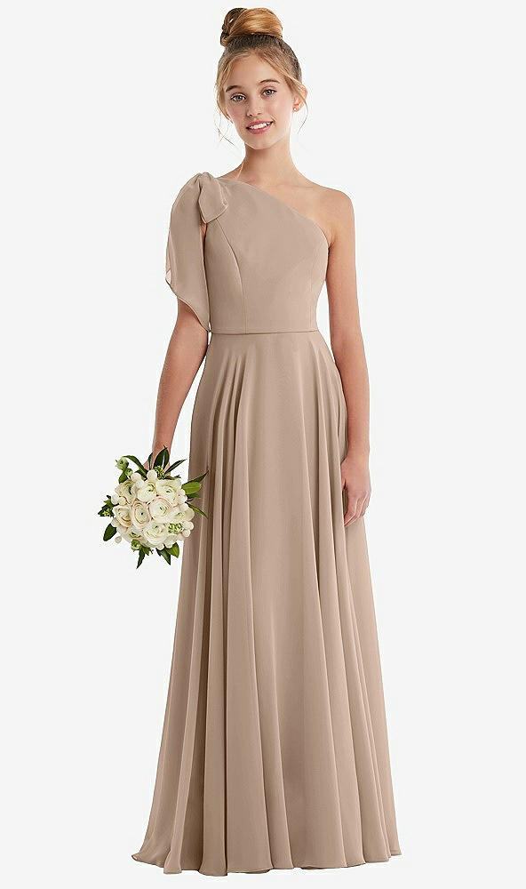 Front View - Topaz One-Shoulder Scarf Bow Chiffon Junior Bridesmaid Dress