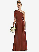 Front View Thumbnail - Auburn Moon One-Shoulder Scarf Bow Chiffon Junior Bridesmaid Dress