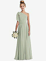 Front View Thumbnail - Celadon One-Shoulder Scarf Bow Chiffon Junior Bridesmaid Dress