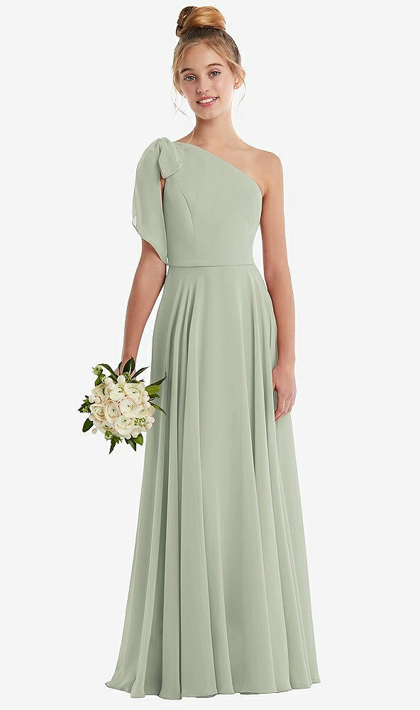 Front View - Celadon One-Shoulder Scarf Bow Chiffon Junior Bridesmaid Dress