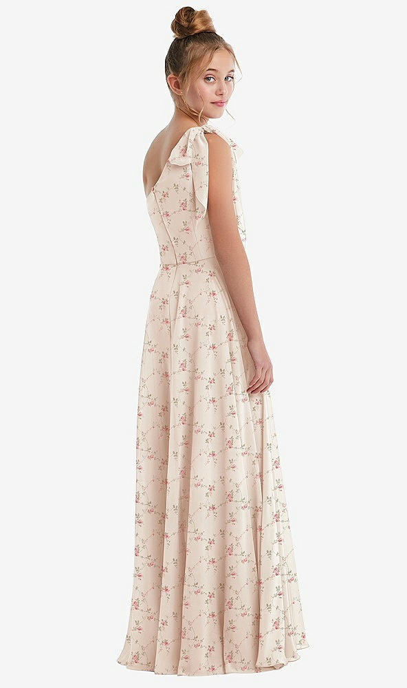 Back View - Coquette Floral Print One-Shoulder Scarf Bow Chiffon Junior Bridesmaid Dress