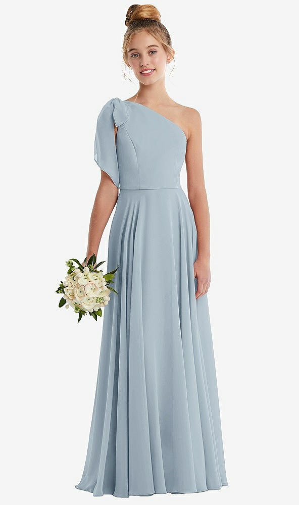 Front View - Mist One-Shoulder Scarf Bow Chiffon Junior Bridesmaid Dress