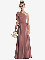 Front View Thumbnail - Rosewood One-Shoulder Scarf Bow Chiffon Junior Bridesmaid Dress