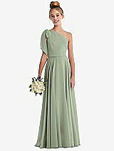 Front View Thumbnail - Sage One-Shoulder Scarf Bow Chiffon Junior Bridesmaid Dress