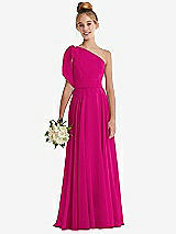 Front View Thumbnail - Think Pink One-Shoulder Scarf Bow Chiffon Junior Bridesmaid Dress