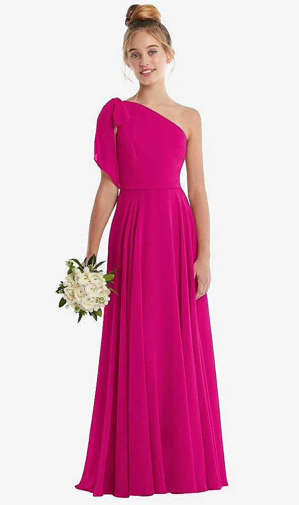 Front View - Think Pink One-Shoulder Scarf Bow Chiffon Junior Bridesmaid Dress