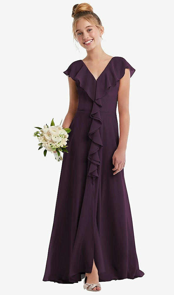 Front View - Aubergine Cascading Ruffle Full Skirt Chiffon Junior Bridesmaid Dress