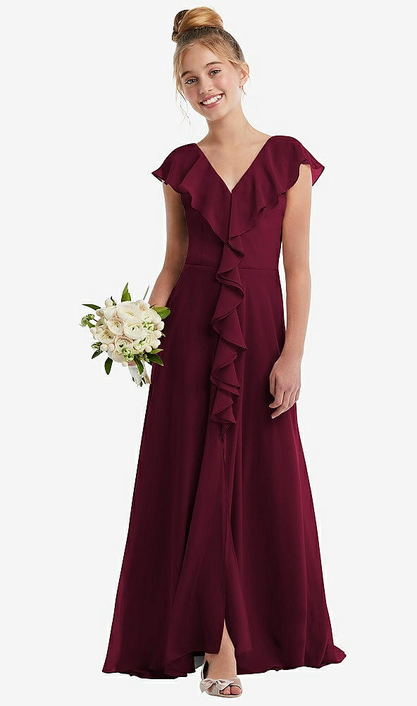 Front View - Cabernet Cascading Ruffle Full Skirt Chiffon Junior Bridesmaid Dress