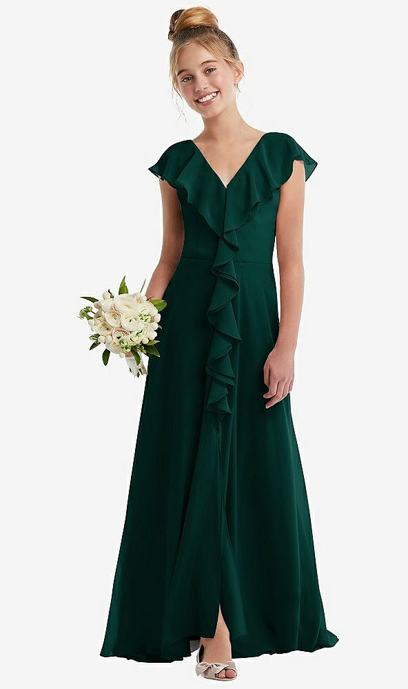 Front View - Evergreen Cascading Ruffle Full Skirt Chiffon Junior Bridesmaid Dress