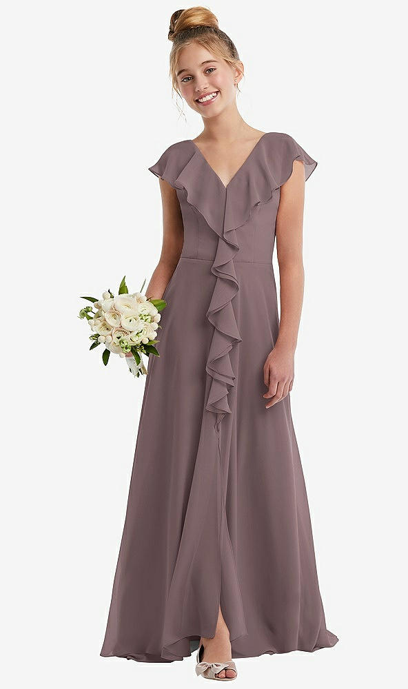 Front View - French Truffle Cascading Ruffle Full Skirt Chiffon Junior Bridesmaid Dress