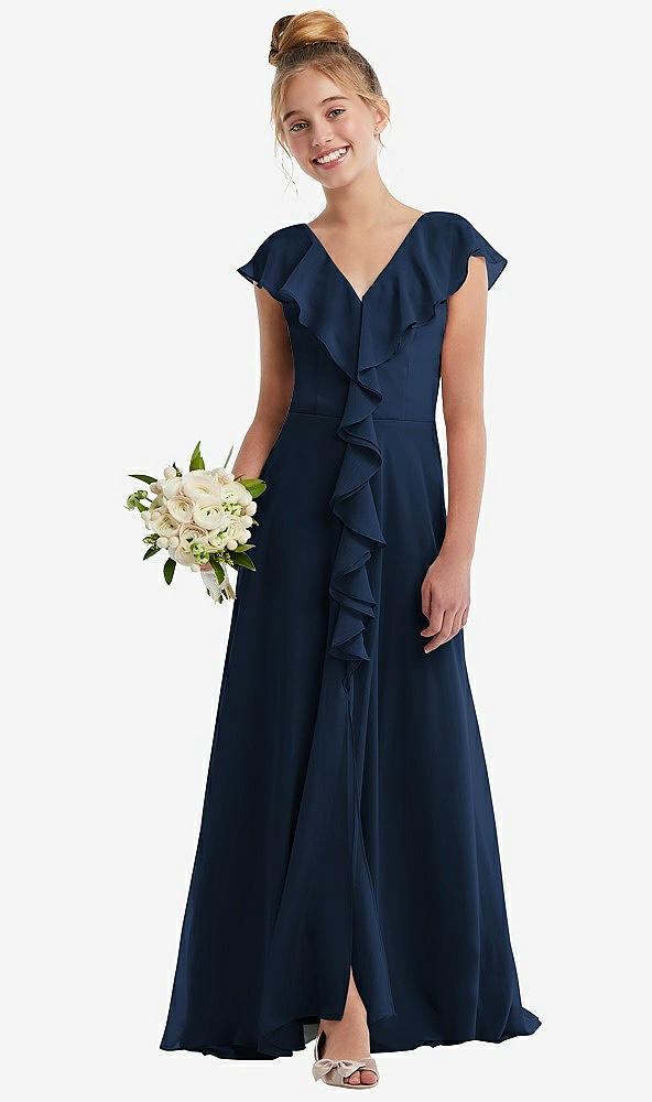 Front View - Midnight Navy Cascading Ruffle Full Skirt Chiffon Junior Bridesmaid Dress