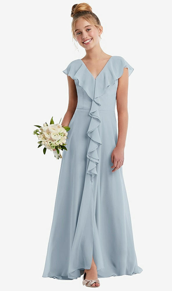 Front View - Mist Cascading Ruffle Full Skirt Chiffon Junior Bridesmaid Dress