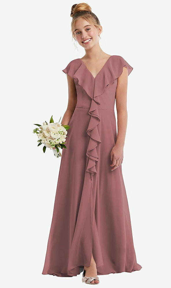 Front View - Rosewood Cascading Ruffle Full Skirt Chiffon Junior Bridesmaid Dress