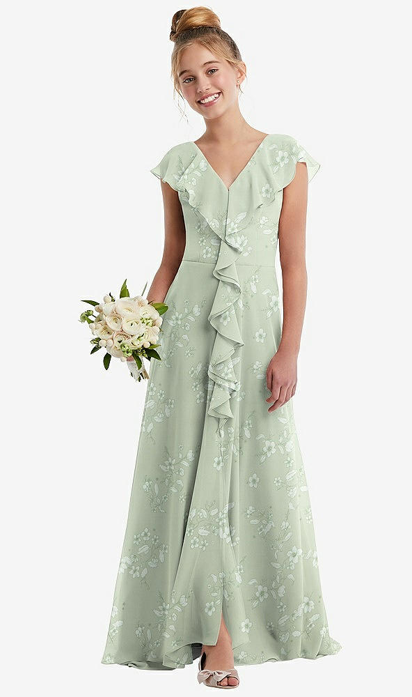 Front View - Vintage Primrose Sage Cascading Ruffle Full Skirt Chiffon Junior Bridesmaid Dress