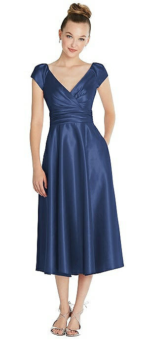 Cap Sleeve Faux Wrap Satin Midi Dress with Pockets