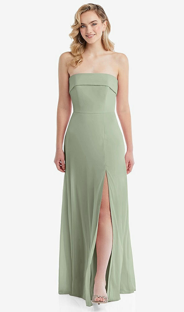 Front View - Sage Cuffed Strapless Maxi Dress with Front Slit