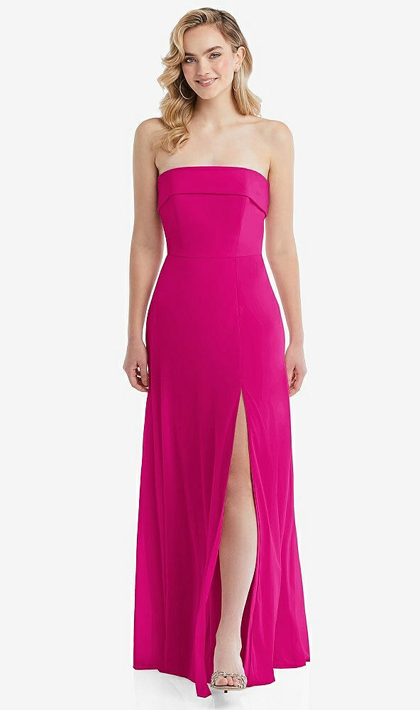 Front View - Think Pink Cuffed Strapless Maxi Dress with Front Slit