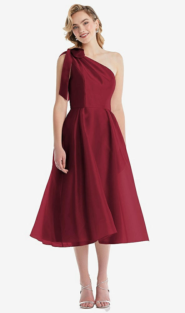 Front View - Claret Scarf-Tie One-Shoulder Organdy Midi Dress 