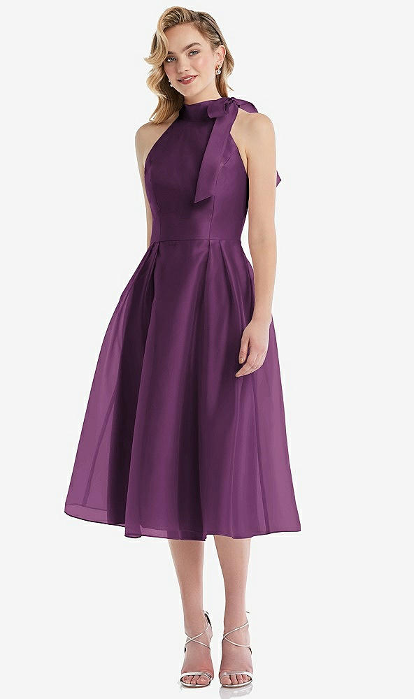 Front View - Aubergine Scarf-Tie High-Neck Halter Organdy Midi Dress