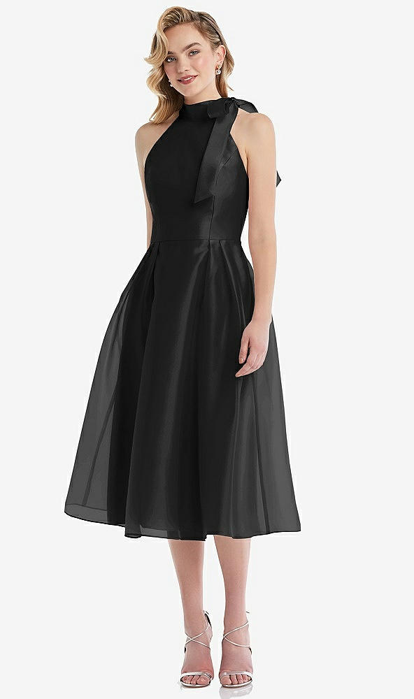 Front View - Black Scarf-Tie High-Neck Halter Organdy Midi Dress