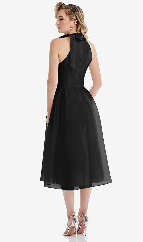 Back View - Black Scarf-Tie High-Neck Halter Organdy Midi Dress