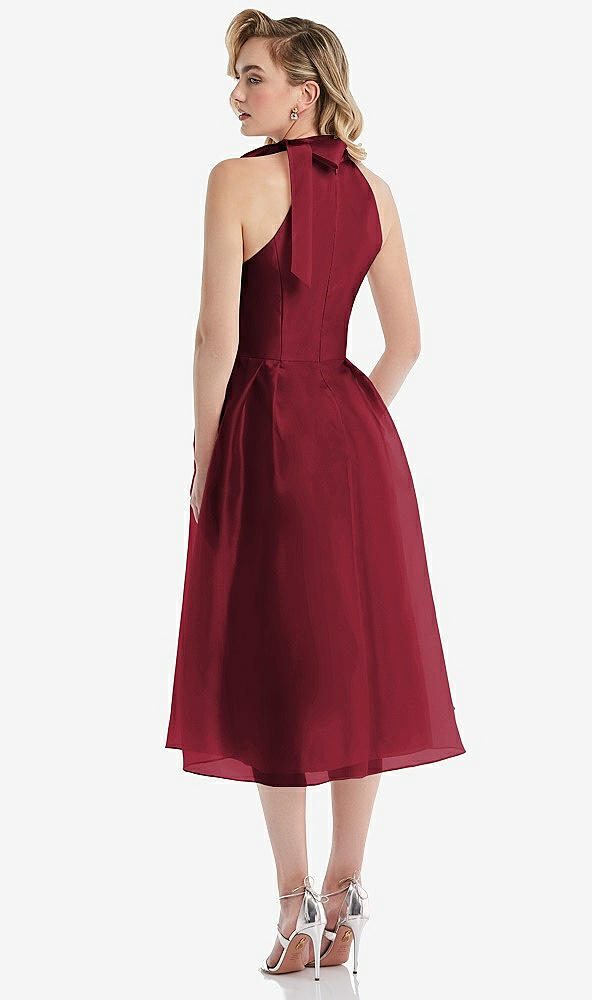 Back View - Claret Scarf-Tie High-Neck Halter Organdy Midi Dress