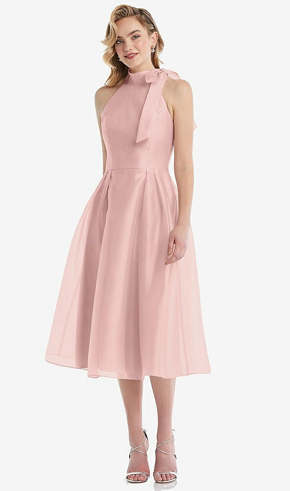 Front View - Rose Quartz Scarf-Tie High-Neck Halter Organdy Midi Dress