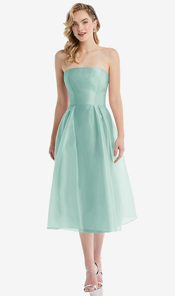 Front View - Coastal Strapless Pleated Skirt Organdy Midi Dress