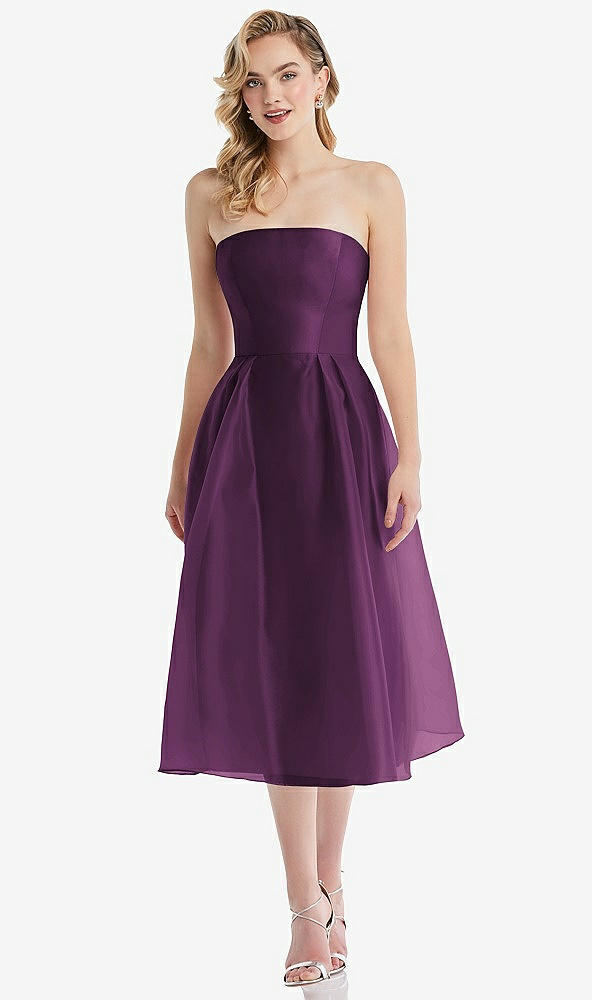 Front View - Aubergine Strapless Pleated Skirt Organdy Midi Dress