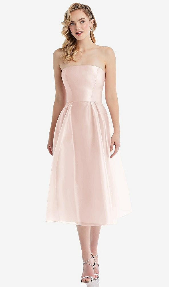 Front View - Blush Strapless Pleated Skirt Organdy Midi Dress