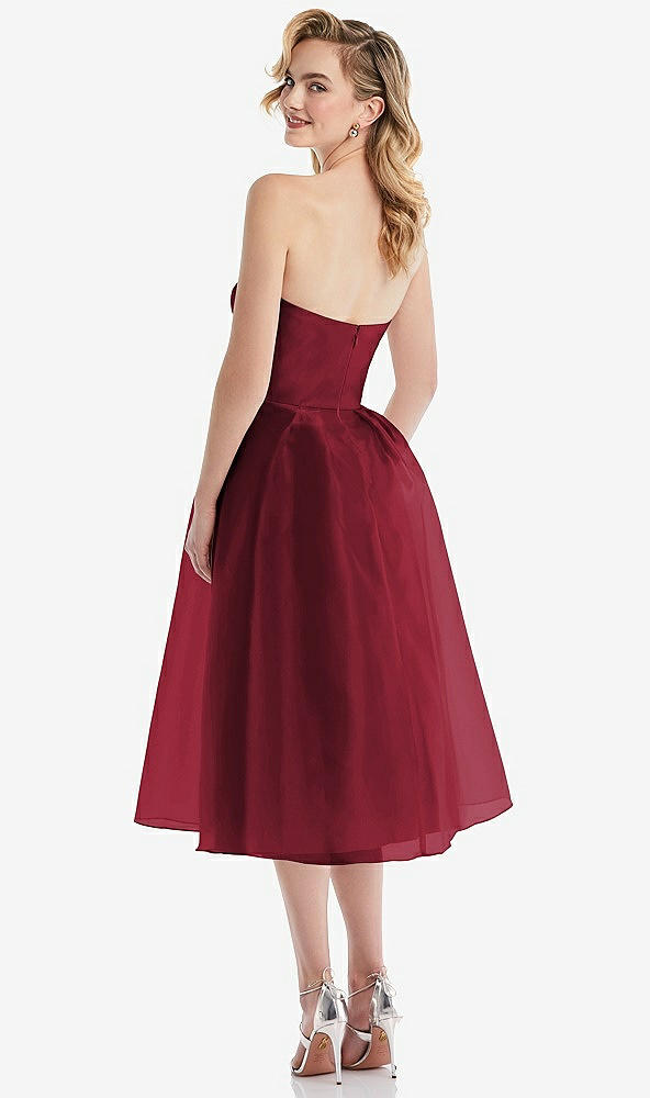 Back View - Claret Strapless Pleated Skirt Organdy Midi Dress